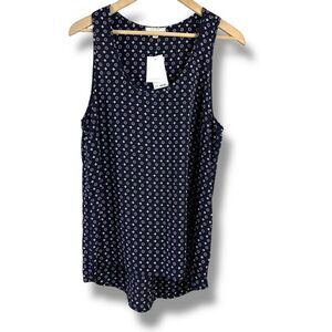 Pleione Women's Size L Sleeveless High Low Hem Blouse Navy Blue Purple Print NWT